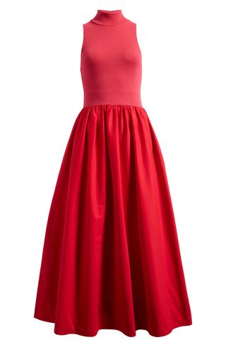 Sai Pleated Mixed Media Fit & Flare Midi Dress