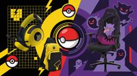 An AI-generated collage show casing a Razer Pokemon edition gaming headset, a Pikachu themed Hori travel bag, a Poke Ball replica, and a Secretlab Gengar edition gaming chair.