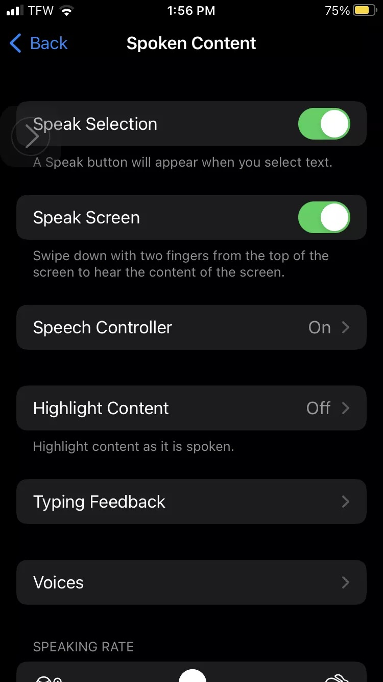 spoken content settings iphone