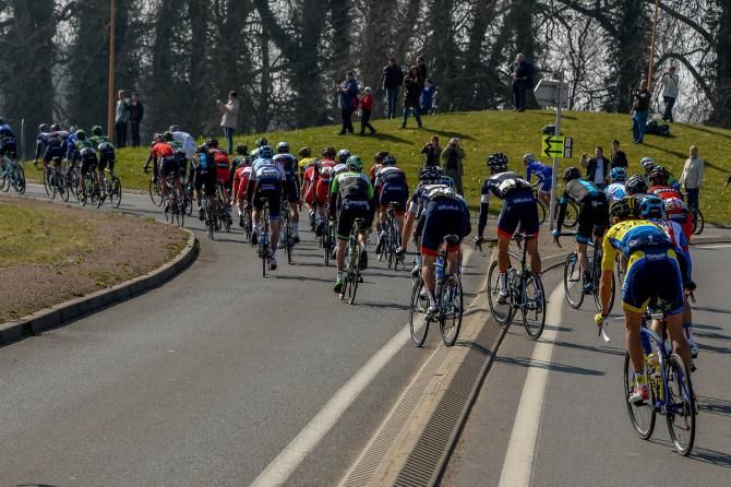 The Paris-Nice peloton negotiates some road furniture to remain on the course during stage 4