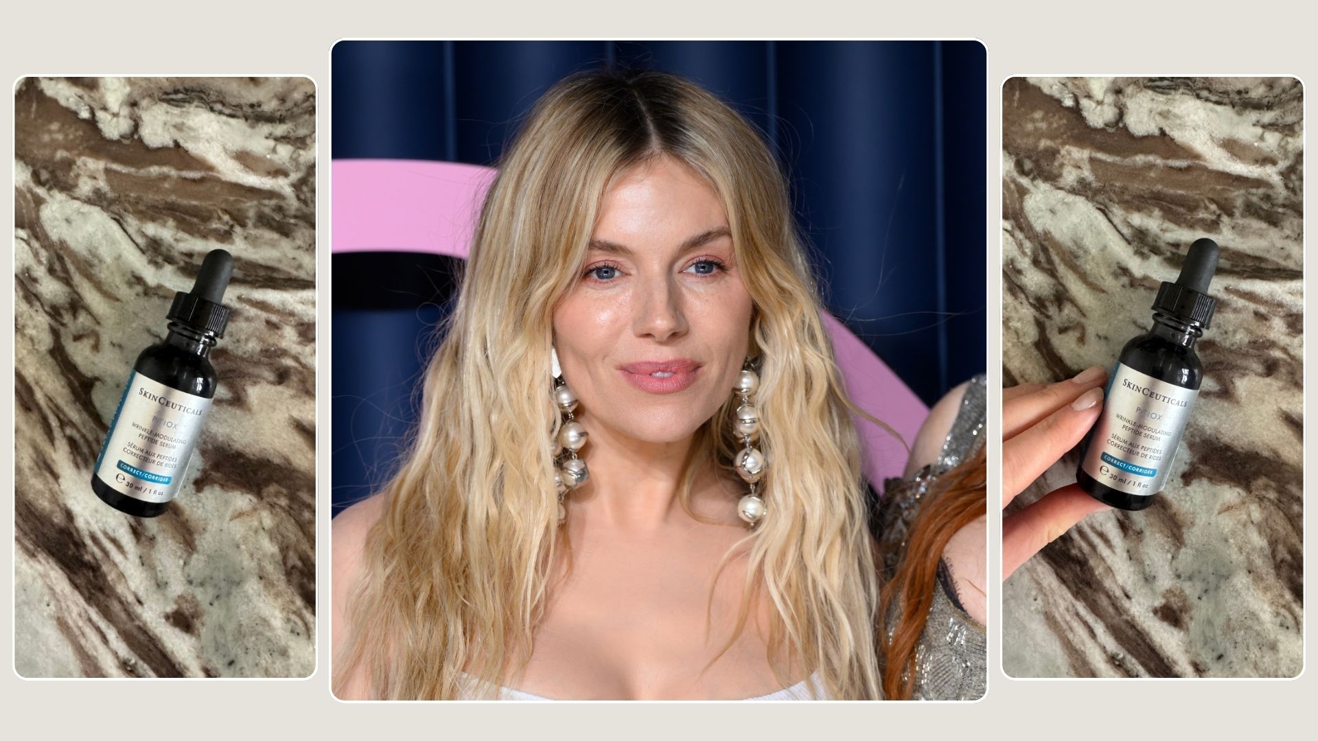 A photo of Sienna Miller, flanked by photos of the skinceuticals ptiox serum on either side