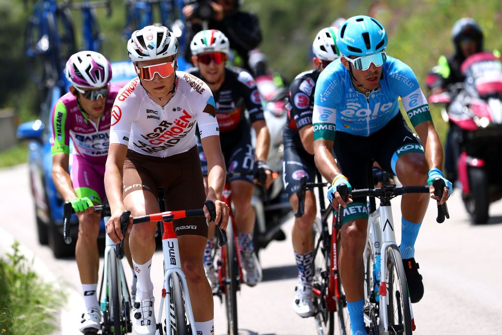 MESSINA ITALY MAY 11 LR Jaakko Hnninen of Finland and AG2R Citroen Team and Mirco Maestri of Italy and EoloKometa Cycling Team compete in the breakaway during the 105th Giro dItalia 2022 Stage 5 a 174km stage from Catania to Messina Giro WorldTour on May 11 2022 in Messina Italy Photo by Michael SteeleGetty Images