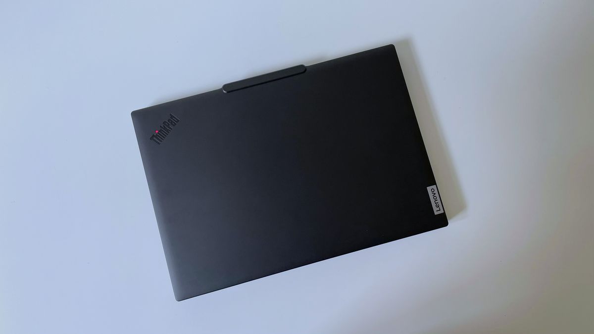 The Lenovo ThinkPad T14s Gen 6 seen from above on a white table