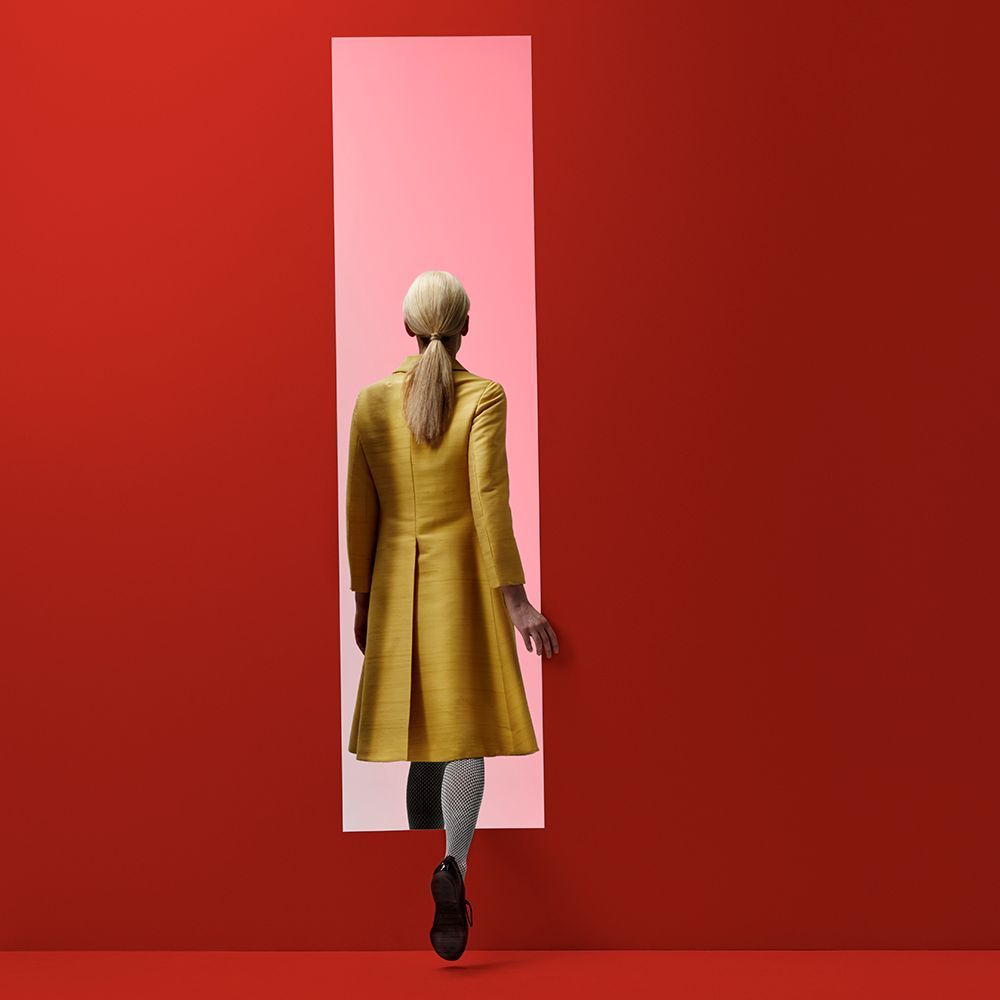 Red, Yellow, Orange, Fashion, Standing, Outerwear, Fashion design, Dress, Coat, Art,