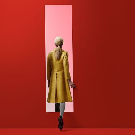 Red, Yellow, Orange, Fashion, Standing, Outerwear, Fashion design, Dress, Coat, Art, 