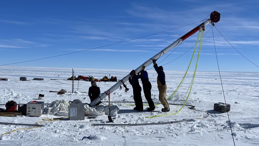 Researchers setting up a drill in the Allan Hills region of Antarctica.