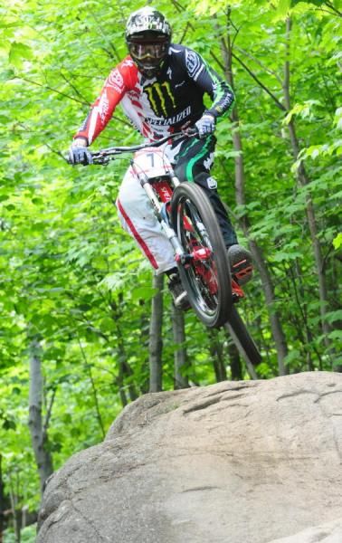 Brendon Fairclough in the air as he descends the course.
