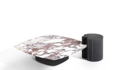 Giorgetti furniture, Mia table and Woody pouf slotted together