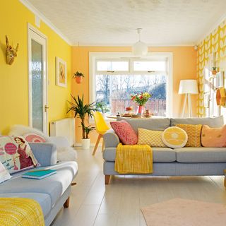 Yellow living room with two grey sofas