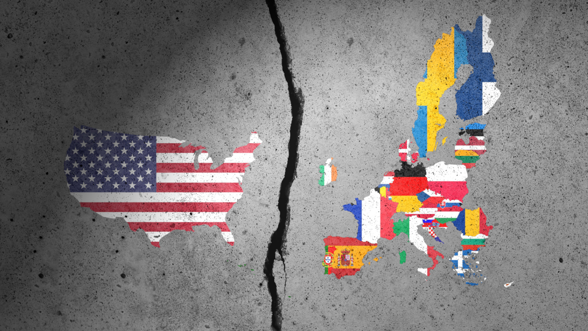 Flag map of US and EU members painted on concrete wall with a large crack separating the two.