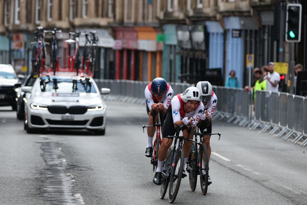 Riders from Canada take part in the Team Time Trial Mixed Relay road race during the UCI Cycling World Championships in Glasgow Scotland on August 8 2023 Photo by Adrian DENNIS AFP Photo by ADRIAN DENNISAFP via Getty Images