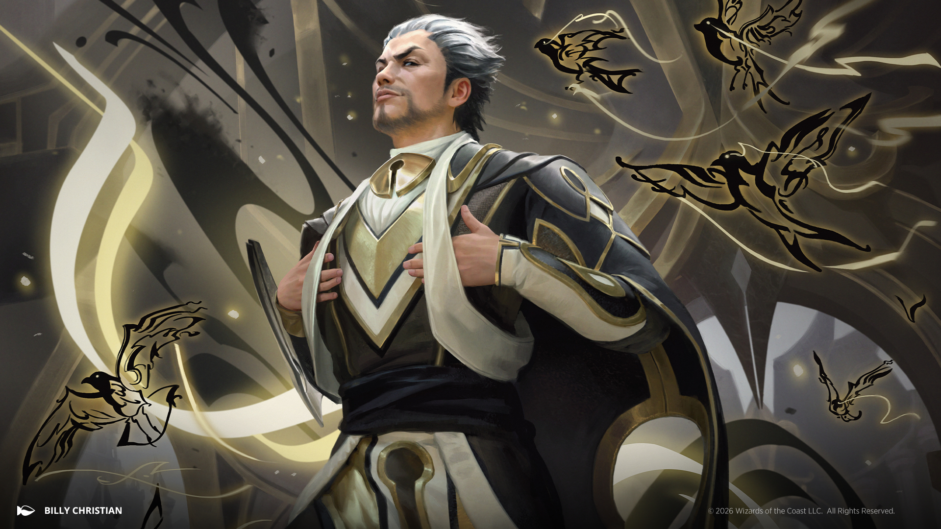 A well-dressed profressor strides through a room filled with ink-like birds