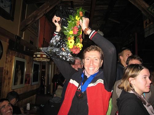 2008 Iceman winner Jeremiah Bishop holds up his ice trophy.