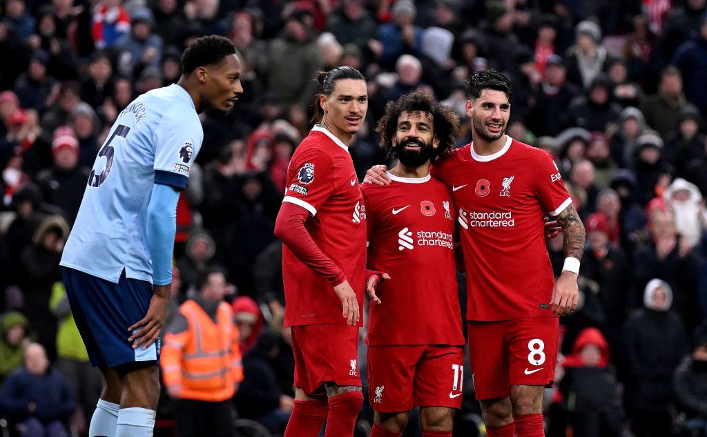 (THE SUN OUT, THE SUN ON SUNDAY OUT) Mohamed Salah of Liverpool celebrates after scoring the second goal during the Premier League match between Liverpool FC and Brentford FC at Anfield on November 12, 2023 in Liverpool, England. (Photo by Andrew Powell/Liverpool FC via Getty Images)