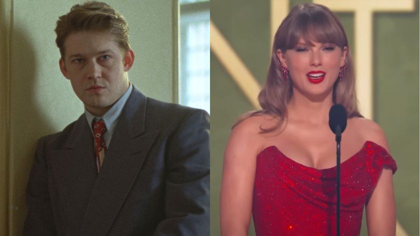 A grim looking Joe Alwyn leaning in a suit in The Brutalist, pictured next to a smiling Taylor Swift dressed in red at the 2025 Grammys.