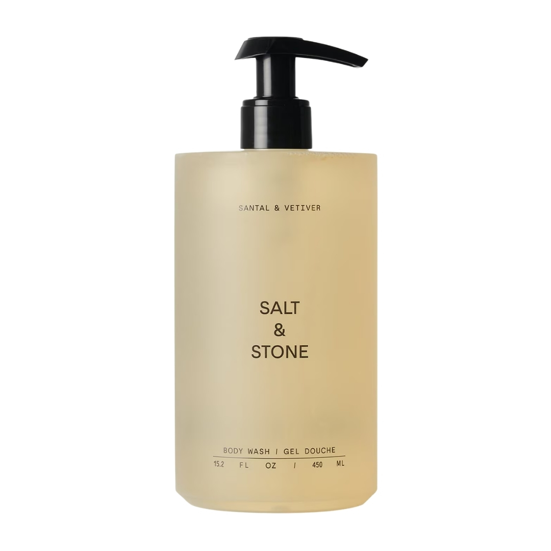 A product shot of the Salt &amp;amp; Stone Santal and Vetiver body wash, on a white background