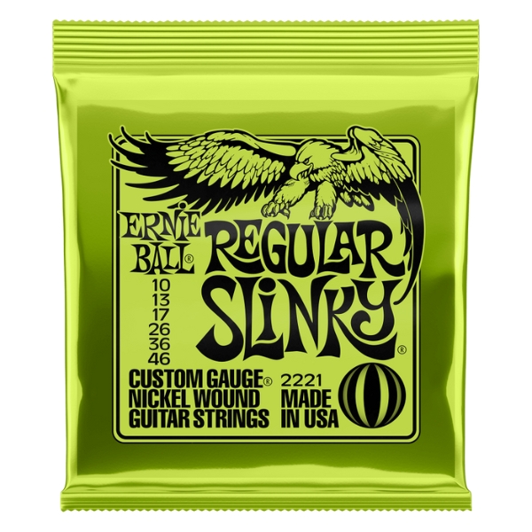An Ernie Ball Regular Slinky electric guitar string pack