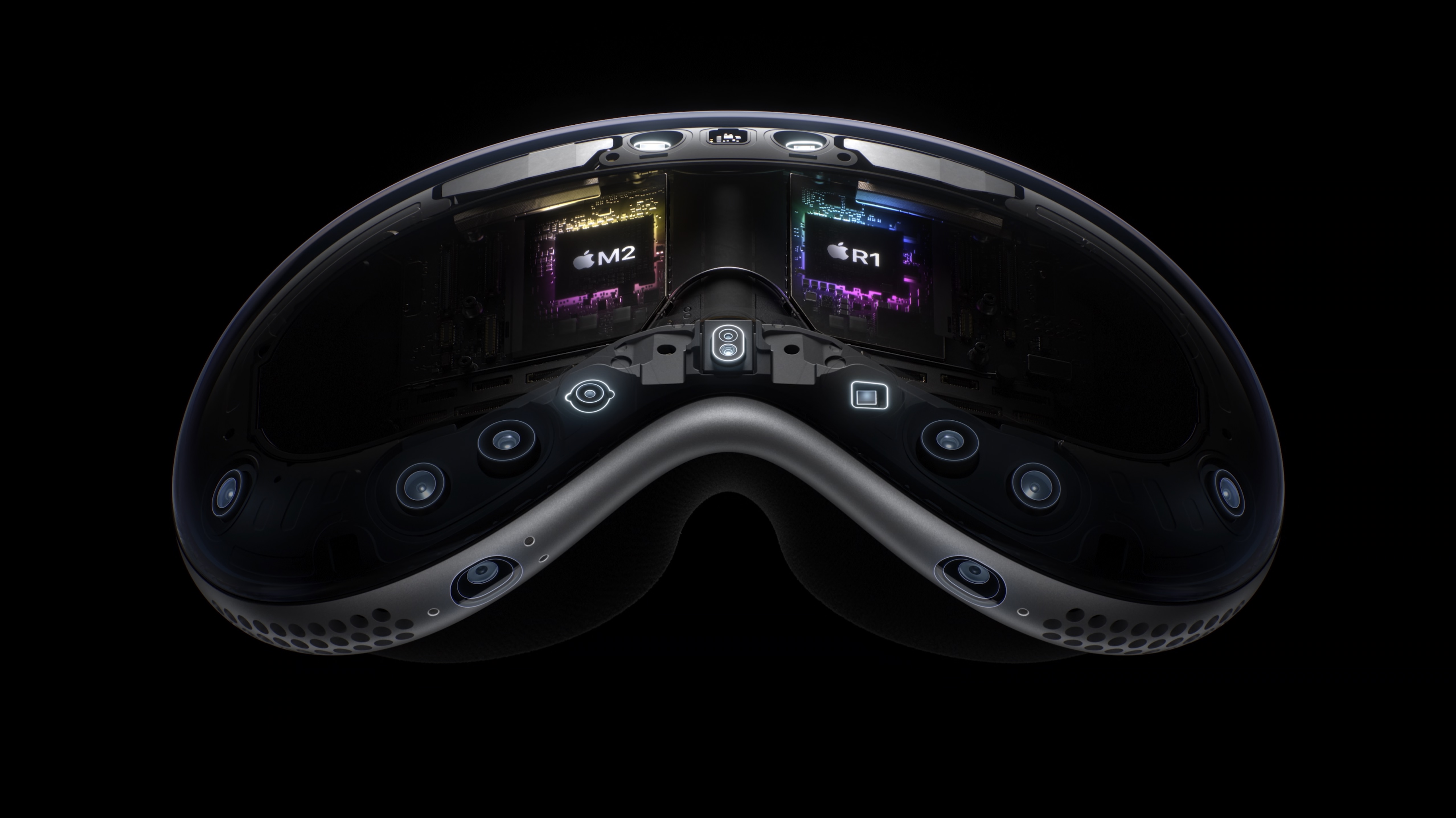 The Vision Pro headset with a focus on the processor inside.