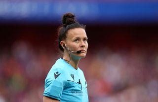 Referee Rebecca Welch looks on during the UEFA Women's Champions League 2023/24 Final match between FC Barcelona and Olympique Lyonnais at San Mames Stadium on May 25, 2024 in Bilbao, Spain.