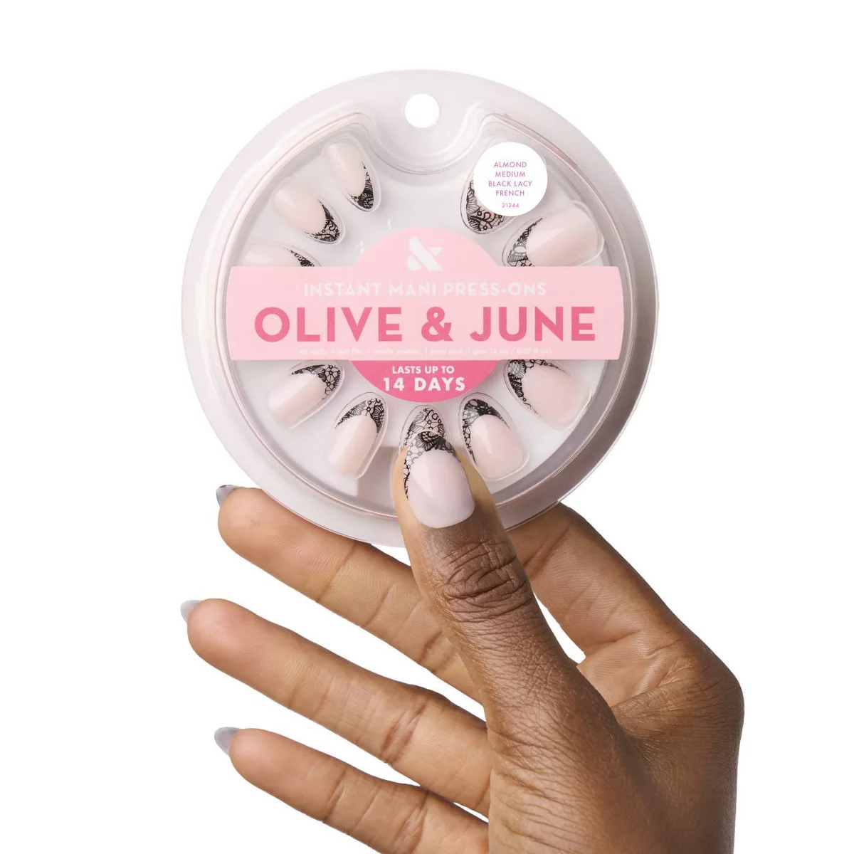 Olive & June Press-On Fake Nails - M Almond - Black Lacy French - 42ct