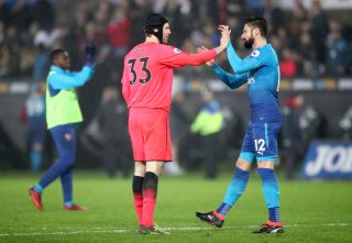 Arsenal goalkeeper Petr Cech (left) will be looking to keep out former team-mate Olivier Giroud in Baku.