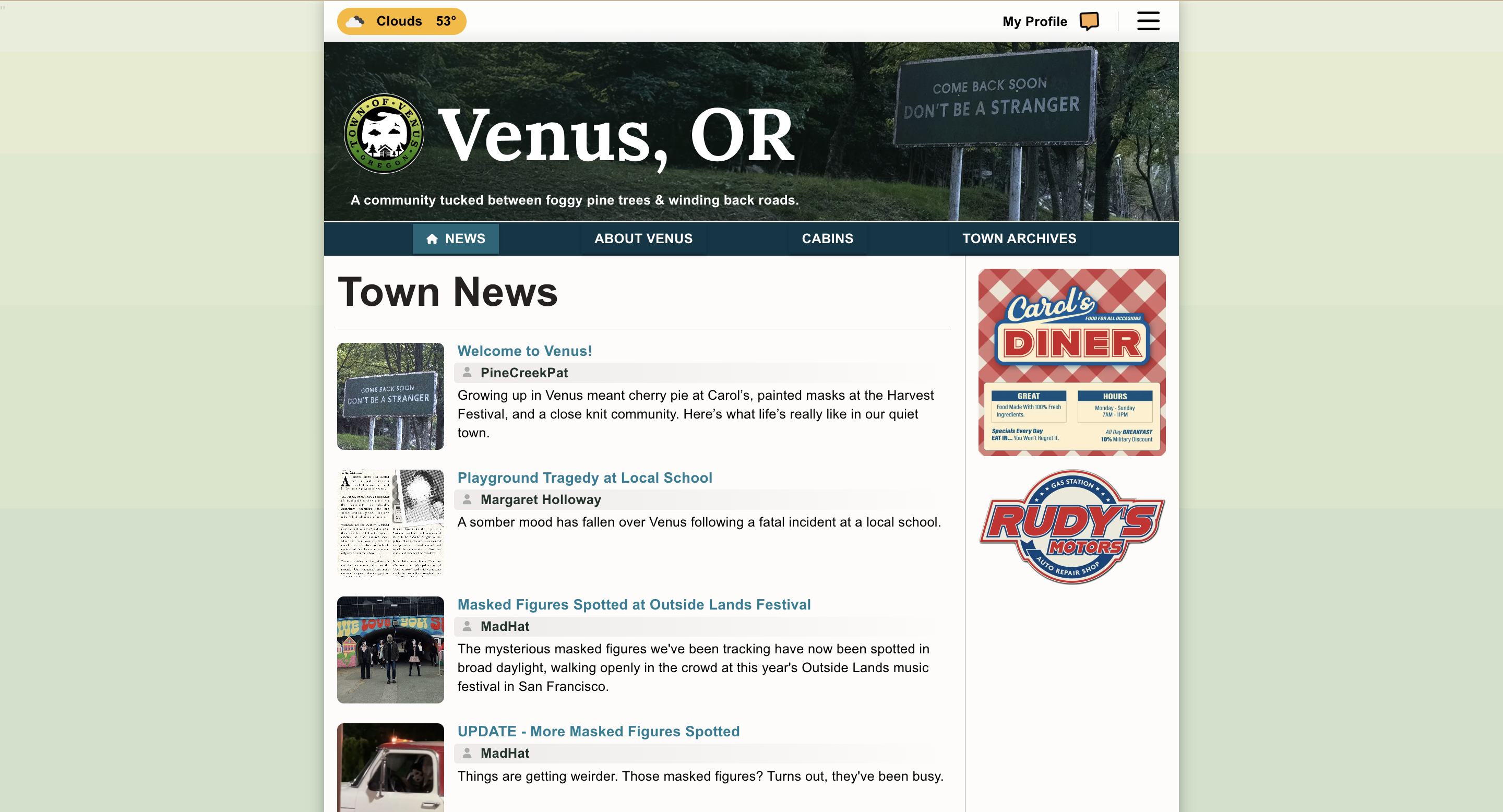 A fake front page for a website called Visit Venus, Oregon including news, forums, and more.
