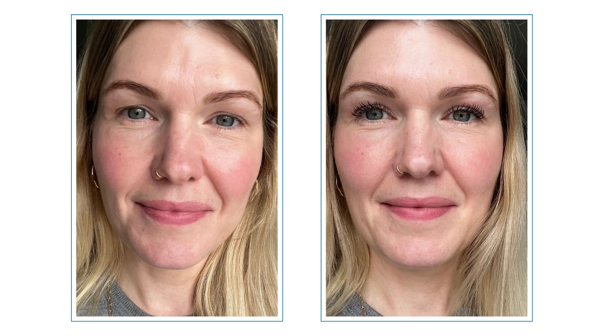 An image of beauty editor Fiona McKim smiling with blonde hair, a grey jumper and no mascara on, next to an image of the same setup but with the loreal extensionist mascara on