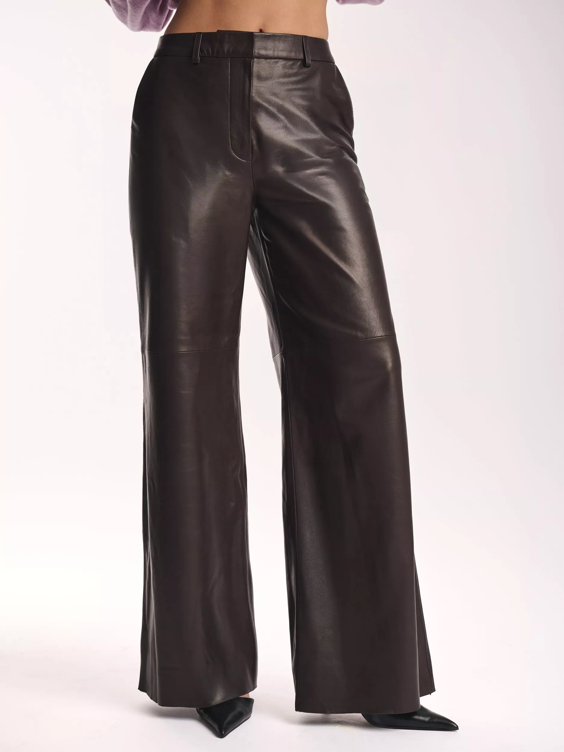 Amanda Wakeley Wide Leg Leather Trousers, Chocolate