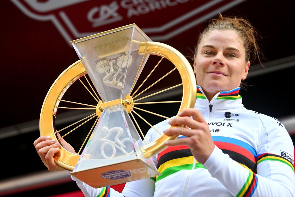 SIENA ITALY MARCH 02 Lotte Kopecky of Belgium and Team SD WorxProtime celebrates at podium as race winner during the 10th Strade Bianche 2024 Womens Elite a 137km one day race from Siena to Siena 320m UCIWWT on March 02 2024 in Siena Italy Photo by Luc ClaessenGetty Images