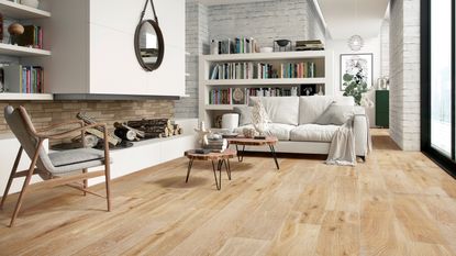 A modern living room with wood floor and bookcase