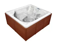 A four-person hard-shell hot tub with a brown exterior and white interior