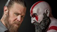 Ryan Hurst opposite a render of Kratos from God of War