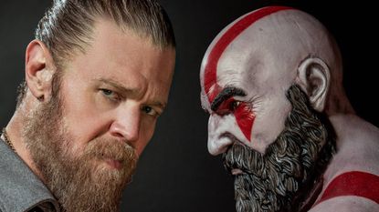 Ryan Hurst opposite a render of Kratos from God of War