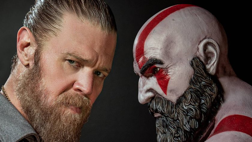Ryan Hurst opposite a render of Kratos from God of War