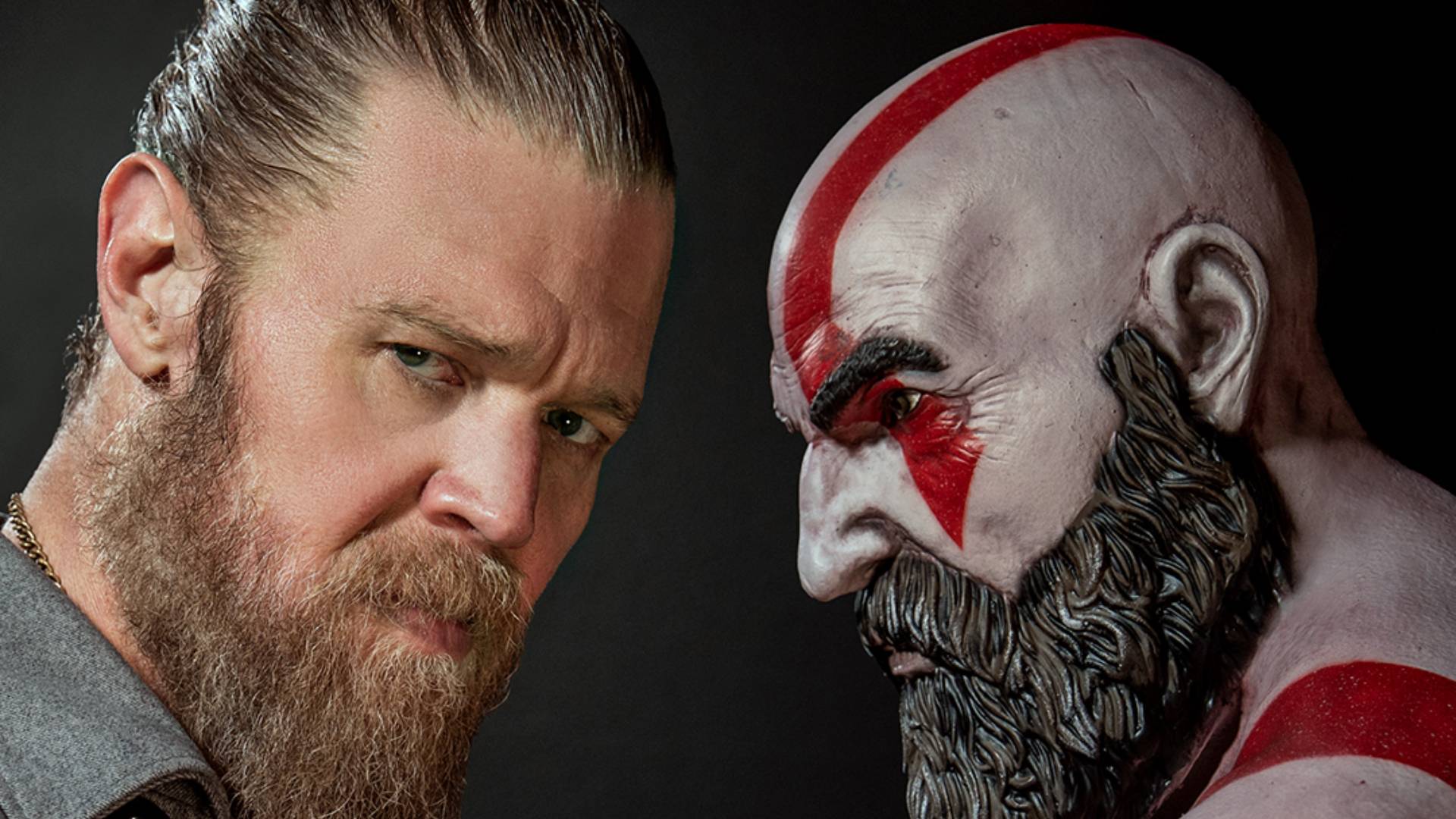 Ryan Hurst opposite a render of Kratos from God of War