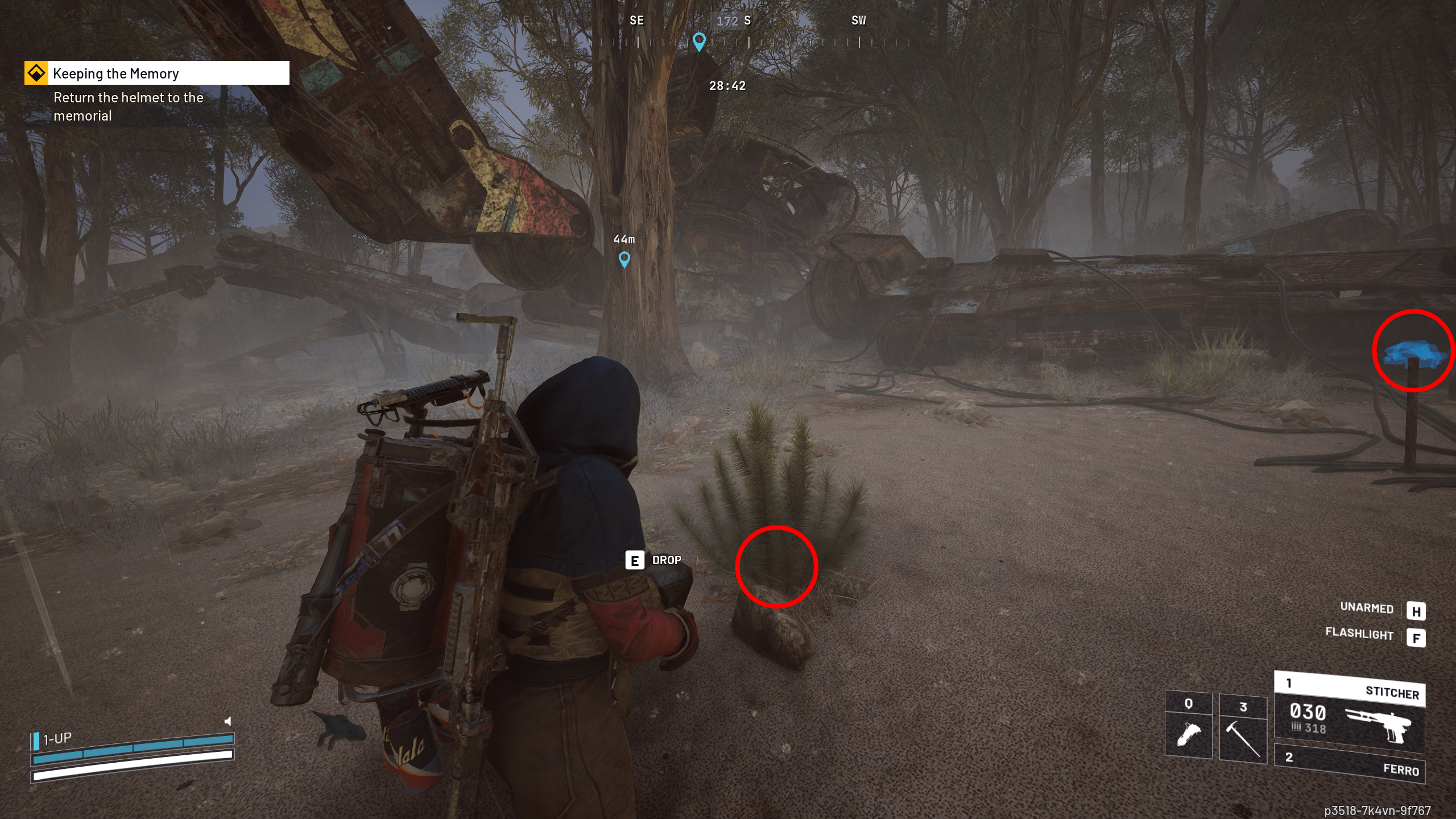 Arc Raiders Keeping the Memory: A player looking at a tree next to a large machine wreck covered in graffiti, with two red circles highlighting a small bush in the centre and a short post in the ground to the right.