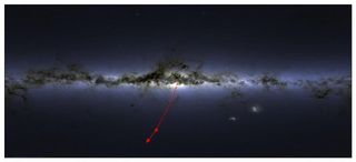 The location and direction of the star S5-HVS1 in the night sky. The star is rocketing away from the center of our galaxy.