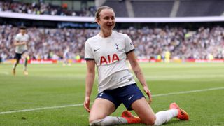 Martha Thomas of Tottenham Hotspur celebrates scoring her team's second goal to book their place in the 2024 Adobe Women's FA Cup Final at Wembley Stadium