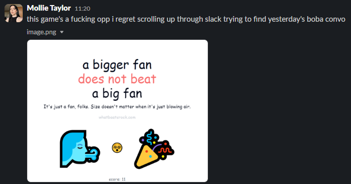 A screenshot of the PC Gamer Slack. Mollie Taylor comments "this game's a fucking opp I regret scrolling up through Slack trying to find yesterday's boba convo"