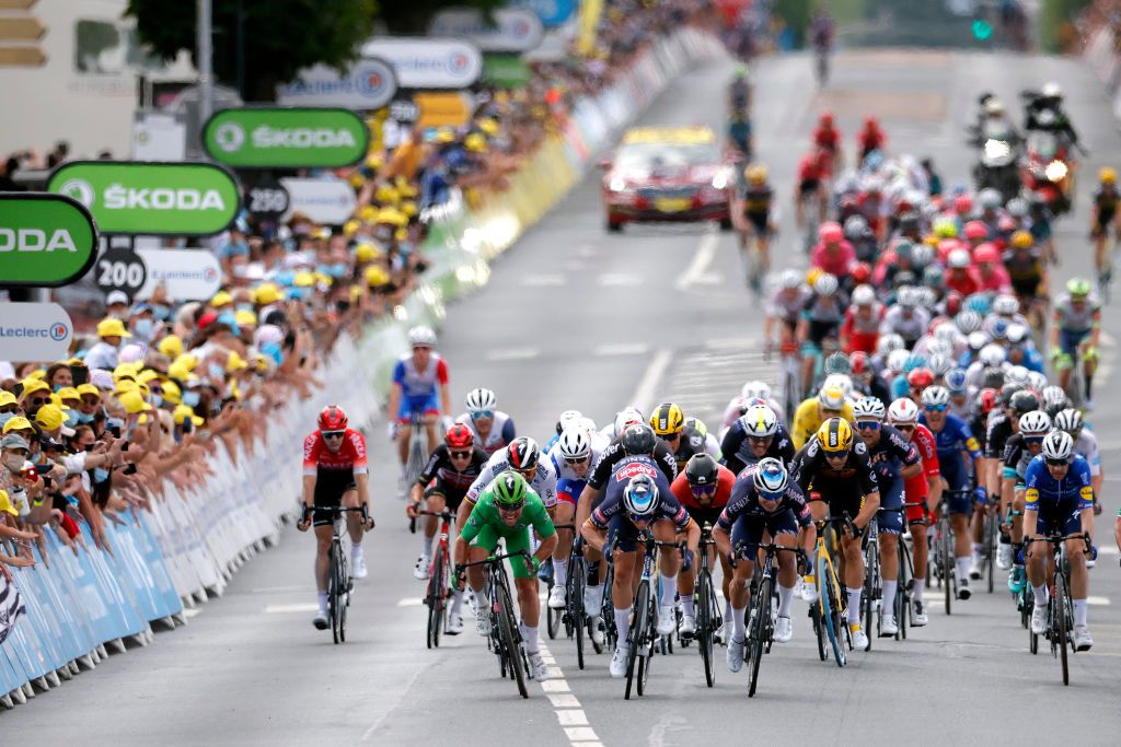 CHATEAUROUX FRANCE JULY 01 Mark Cavendish of The United Kingdom and Team Deceuninck QuickStep Jasper Philipsen of Belgium and Team AlpecinFenix Nacer Bouhanni of France and Team Arka Samsic Tim Merlier of Belgium and Team AlpecinFenix sprint at arrival during the 108th Tour de France 2021 Stage 6 a 1606km stage from Tours to Chteauroux LeTour TDF2021 on July 01 2021 in Chateauroux France Photo by Stephane Mahe PoolGetty Images