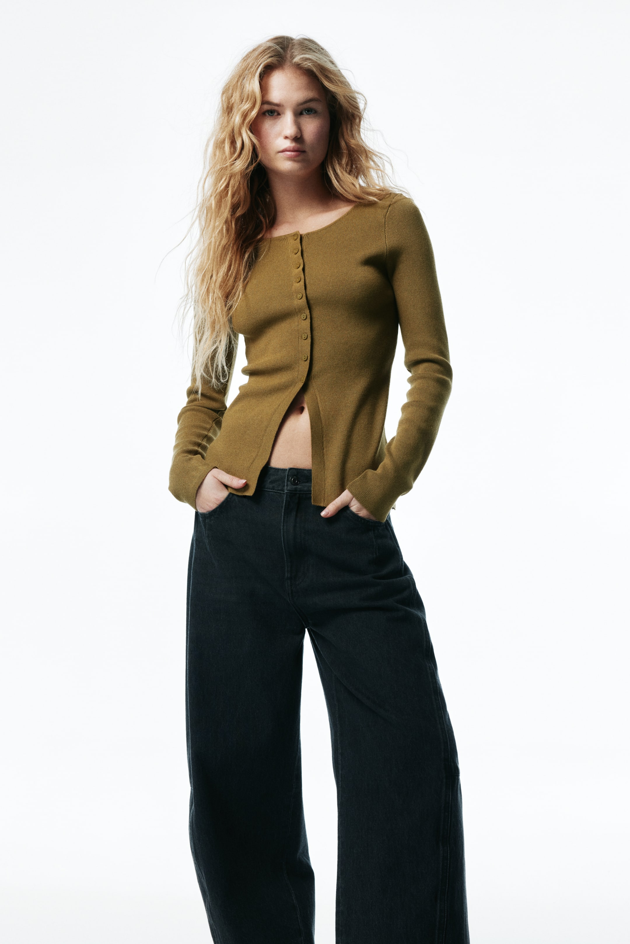 Rib-Knit Cardigan - Dark Khaki Green