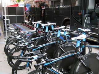 Team Sky's Pinarellos are lined up and ready to go.