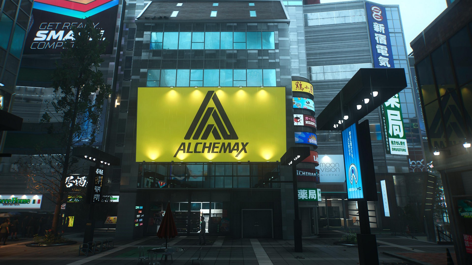 The yellow Alchemax logo in Tokyo in Marvel's Wolverine