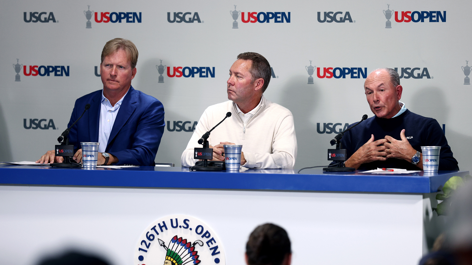 Mike Whan, USGA CEO, John Bodenhamer, Chief Championships Officer, and Kevin Hammer, USGA President, speak to the media during a press conference prior to the US Open at Shinnecock Hills Golf Club