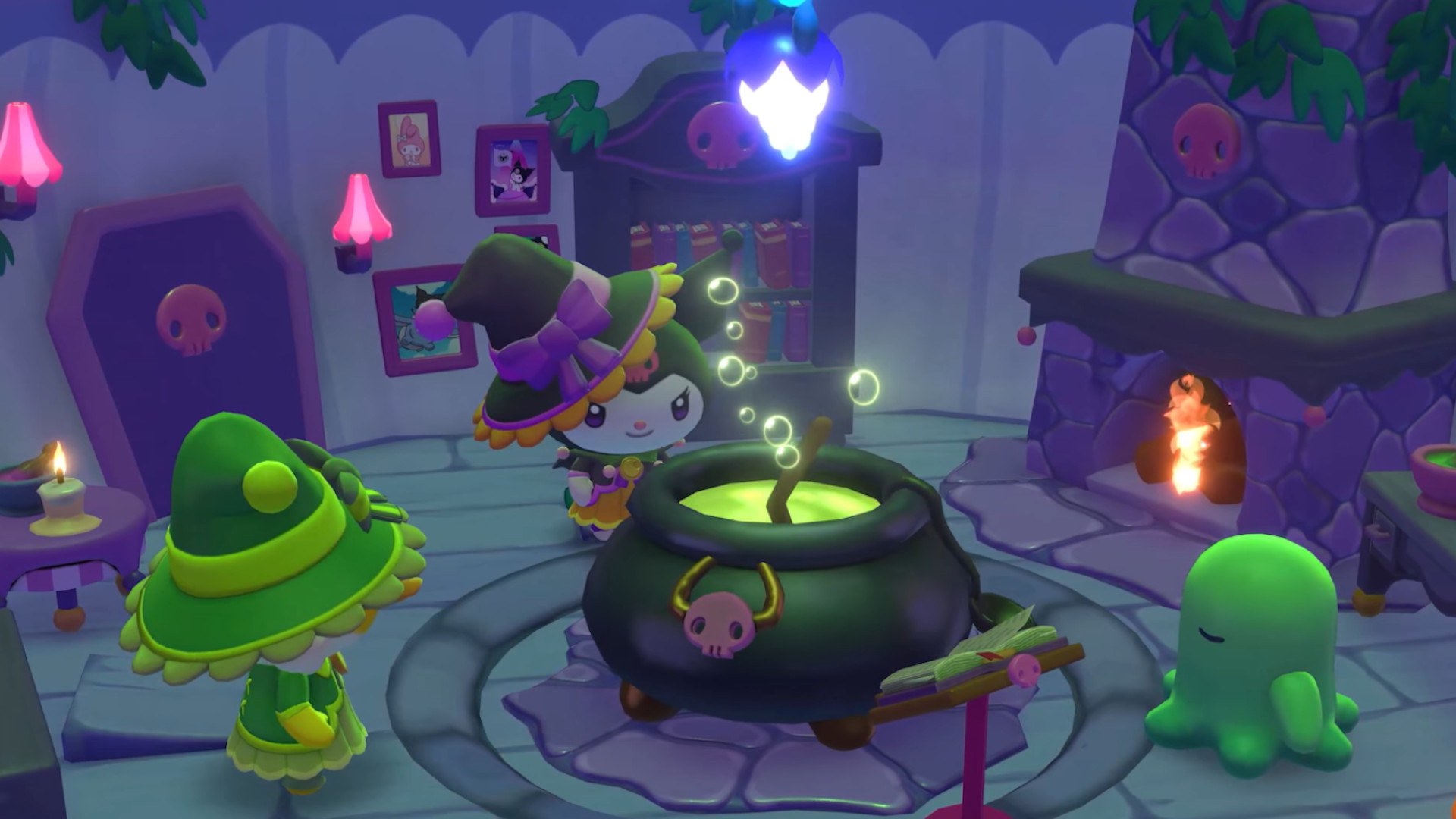 Kuromi brewing a potion during the cozy game Hello Kitty Island Adventure