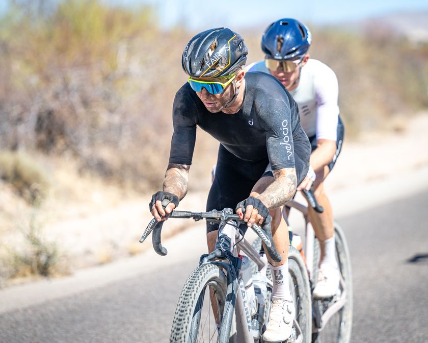 Keegan Swenson (in front) battled Russell Finsterwald all day at Belgian Waffle Ride Arizona 2025