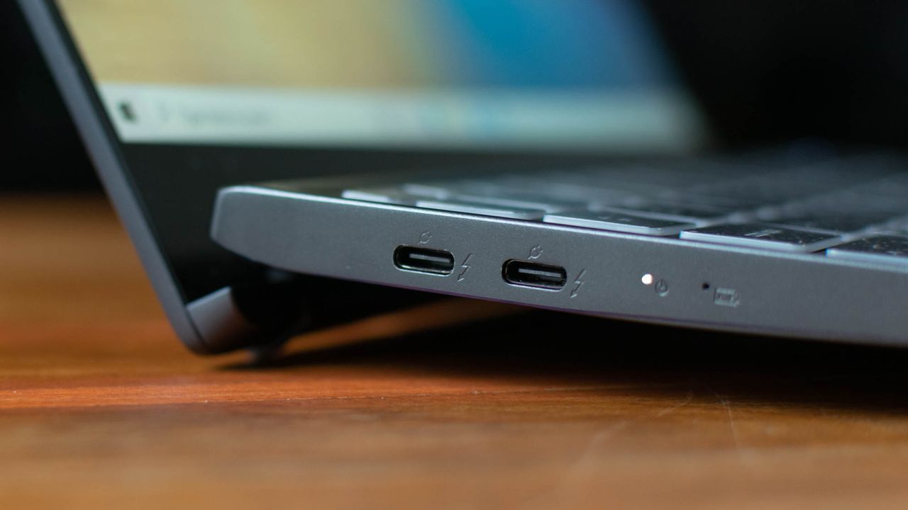 A closeup of the MSI Prestige 14 Evo's ports