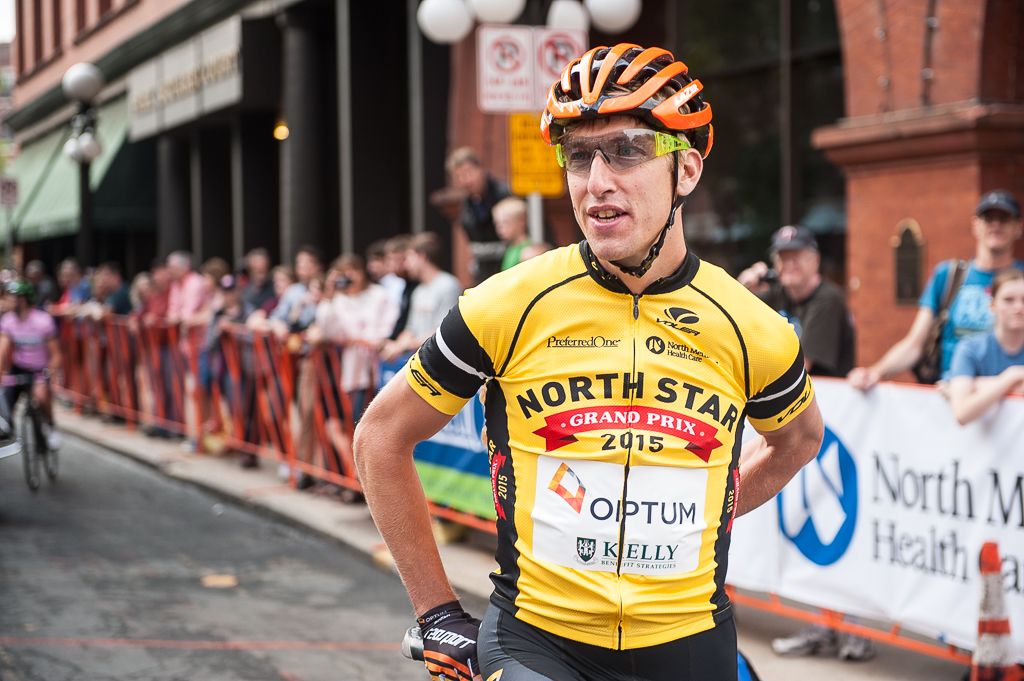Tom Zirbel (Optum p/b Kelly Benefit Strategies) in the yellow Northstar Grand Prix leaders jersey before the start of stage 2