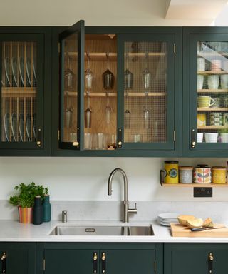 A kitchen with dark green cabinetry and a gold sink