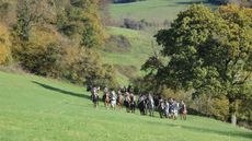 Trail-hunting horses, riders and hounds crossing a field